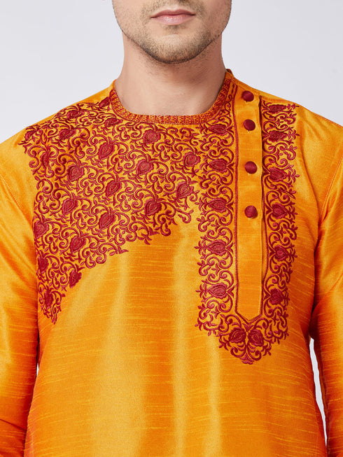 Vastramay Men's Orange And Maroon Silk Blend Kurta and Dhoti Set